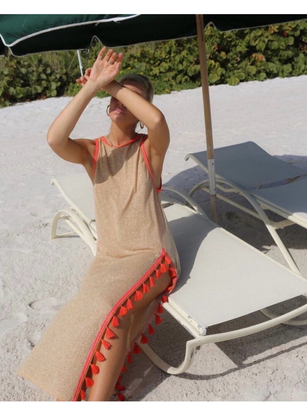 Pitusa Petite Beach Maxi Dress with Coral Tassel Trim NWOT